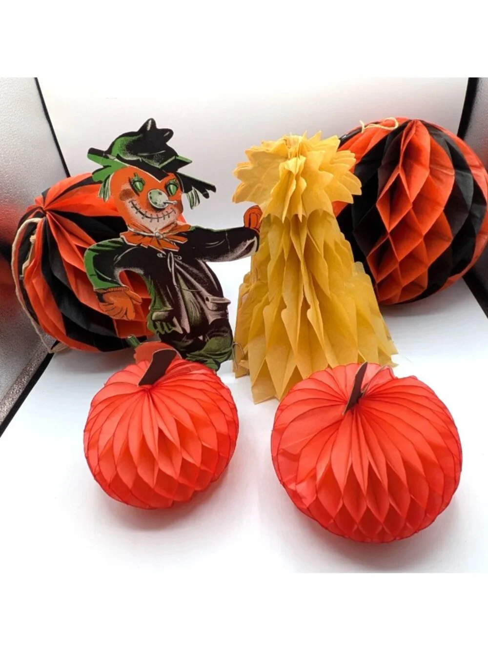 Vintage Cardboard Die Cut Scarecrow Honeycomb Pumpkin Decoration Lot Halloween